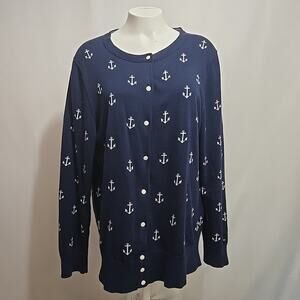 Tommy Hilfiger Anchor Cardigan Sweater Womens Size XL Blue Nautical Novelty Pima